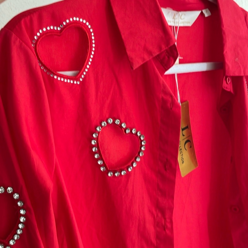 IC COLLECTION Red Button-Down Shirt with Heart Cutouts and Rhinestone Accents